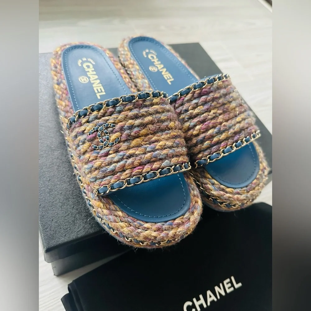 Chanel multicolor blue purple tweed leather CC chain mules sandals NEW WITH BOX - Picture 3 of 11